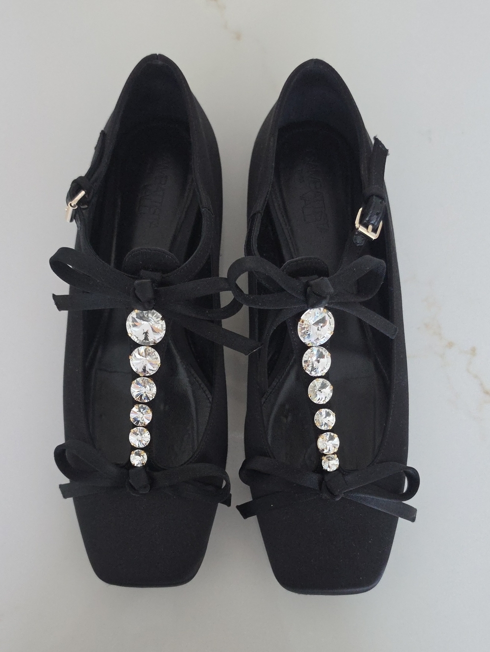 Embellished Black Mary Jane Flats with Crystal T-Chain